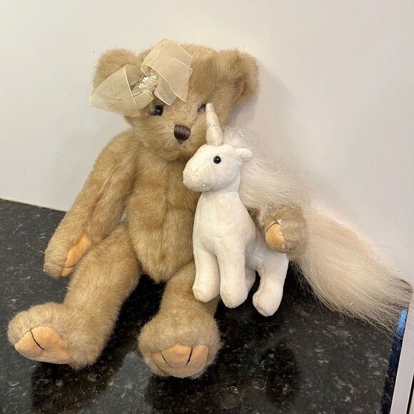 The Bearington Collection Bear Holding Unicorn Holiday Winter Snow 12" Toy - Picture 1 of 9